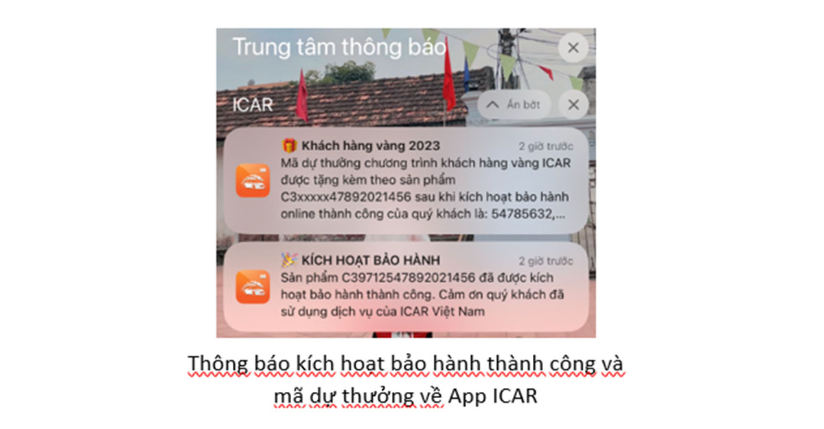 Thông báo kích hoạt bảo hành thành công và mã dự thưởng về App ICAR
